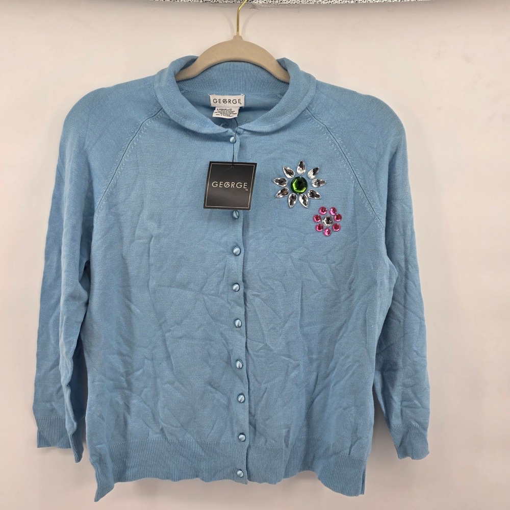 George Womens XS deadstock Light Blue Rhinestone Flower‎ Cardigan Sweater